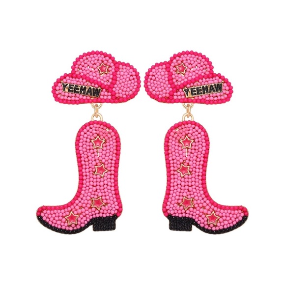 Jewelry - Hot Pink "YEEHAW" Beaded & Star Studded Cowgirl Boot Earrings